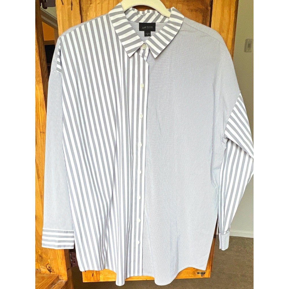 J. Jill Wearever Women's Button-Up Collared Striped Shirt M Gray/White